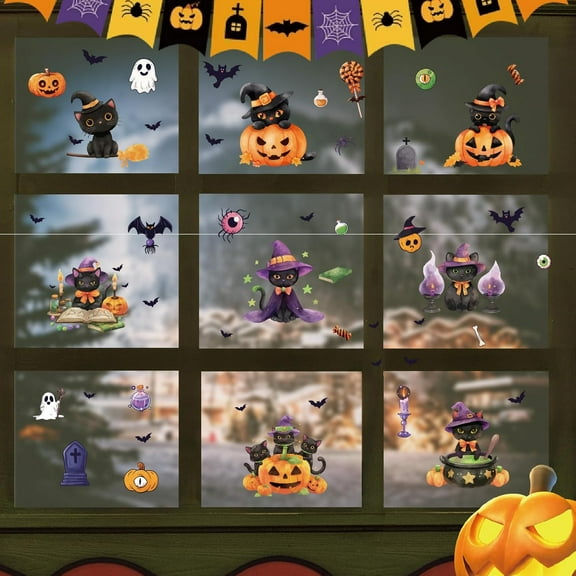 8 Styles Halloween Black Cat Window Stickers Pumpkin Ghost Bats Tombstone Magic Book Hat Cross PVC Self Adhesive Window Cling for Bedroom Home Holiday Party Supplies