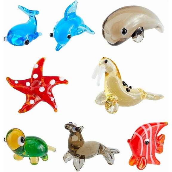 8 Styles Hand Blown Glass Figurines Miniature Animal Glass Decor Includes Whale Walrus Dolphin Butterflyfish Turtle Starfish Sea Dog Animal Figurine for Collectible Home Decor Gifts