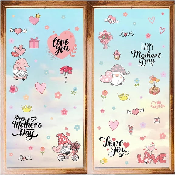 8 Styles Heart Wall Stickers Pink Gnome Flower Mother's Day Window Stickers Valentine's Day Decals PVC Waterproof Self Adhesive Cling Peel and Stick DIY