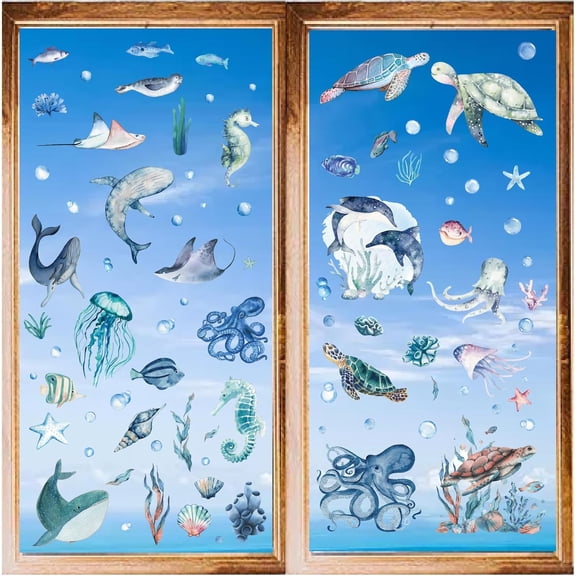 8 Styles Ocean Animal Wall Stickers Sea Turtle Jellyfish Stickers Window Stickers Decals PVC Waterproof Self Adhesive Wall Cling Peel and Stick for Home Decoration Living Room Showcase