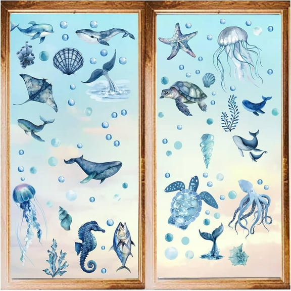 8 Styles Ocean Wall Stickers Sea Animals Turtle Jellyfish Window Stickers Decals Blue PVC Waterproof Self Adhesive Wall Cling DIY