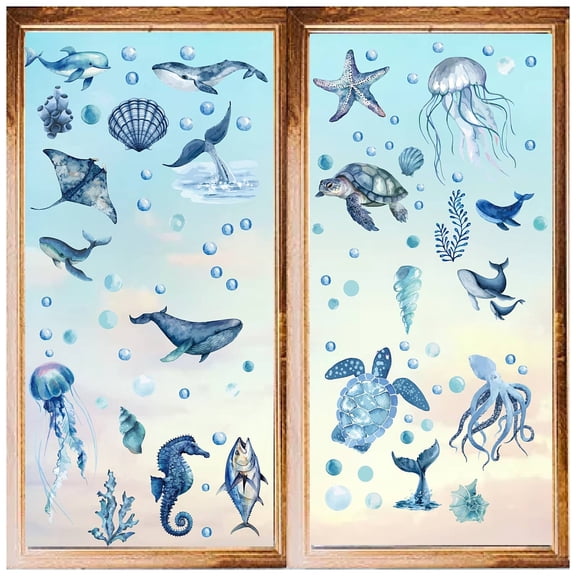 8 Styles Ocean Wall Stickers Sea Animals Turtle Jellyfish Window Stickers Decals Blue PVC Waterproof Self Adhesive Wall Cling for Home