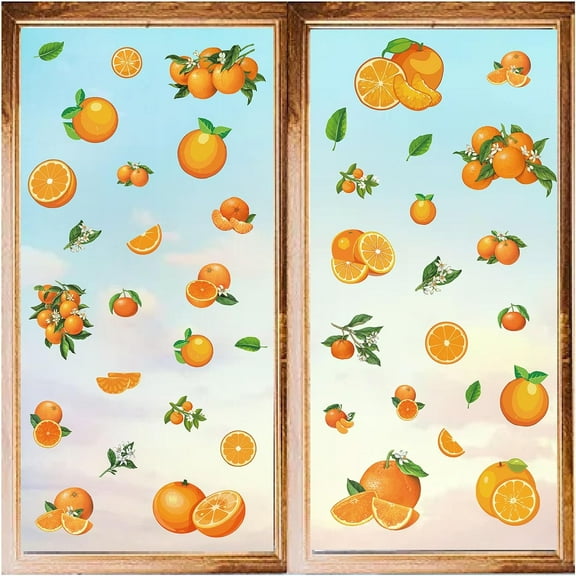 8 Styles Orange Wall Stickers Fruits Leaf PVC Window Stickers Decals Waterproof Self Adhesive Cling Peel and Stick for DIY Fridge Bedroom Living Room Kitchen Store Showcase Classroom