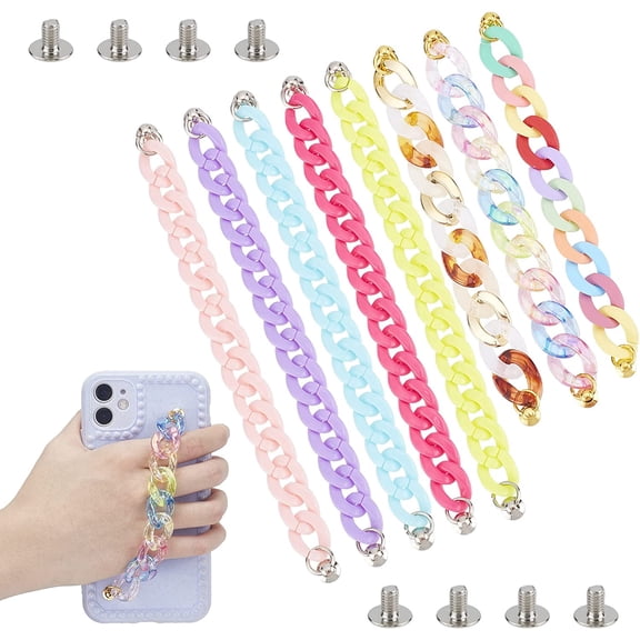 8 Styles Phone Case Chain 2 Sizes 6.5/7" Finger Strap Chain Acrylic Drop Resistance Phone Grip Holder Phone Back Bracelet with Screws Provided for DIY Mobile Phone Case Cloth Accessory