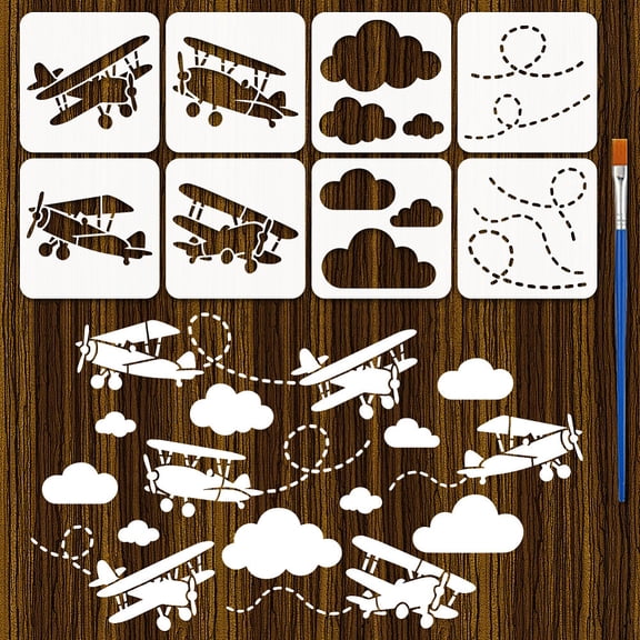 8 Styles Plane Stencils 7.9x7.9 Inch PET Flight Stencils Painting Template Flight Trails Clouds Templates with a Brush
