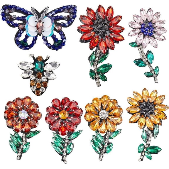 8 Styles Rhinestone Flower Patches Sunflower Daisy Sew on Patch Diamond Beaded Spring Butterfly Embroidered Fabric Applique for Clothes Dress Plant Hat Jeans Repair Decor colorful