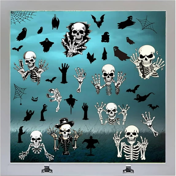 8 Styles Scary Skeleton Window Decal Horror Ghost Spider Web Bats Hand Gothic Large Window Clings Wall Decorative Waterproof Stickers for Glass Window Room Home Party Decor Supplies Colorful