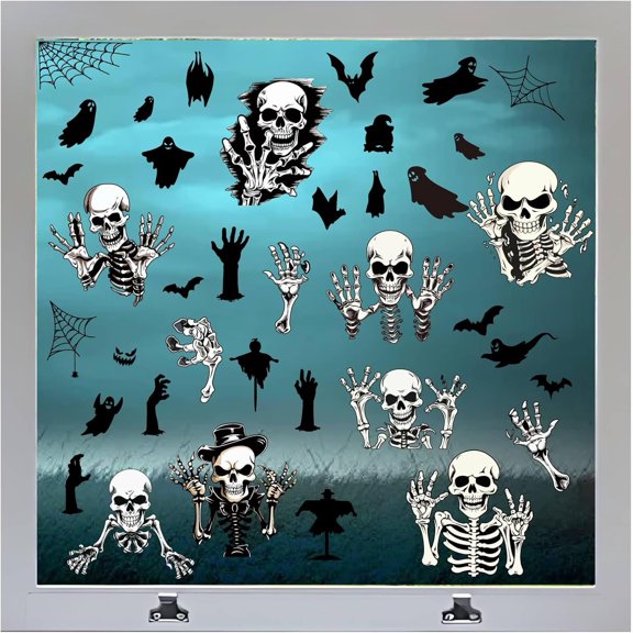 8 Styles Scary Skeleton Window Decal Horror Ghost Spider Web Bats Hand Gothic Large Window Clings Wall Decorative Waterproof Stickers for Glass Window Room Home Party Decor Supplies Colorful