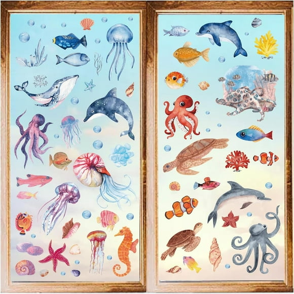 8 Styles Sea Animals Window Decals Stickers Self Adhesive Ocean Whale Turtle Seahorse Window Stickers PVC Waterproof Wall Cling Peel and Stick for Home Decoration Living Room Showcase