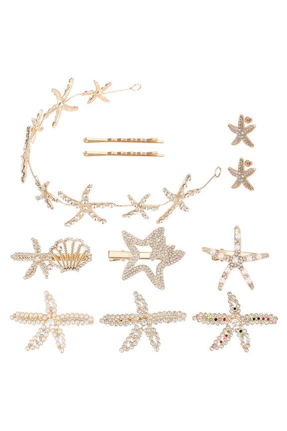 8 Styles Starfish Headband Starfish Hair Clips Starfish Jewelry Set Hair Pins Starfish Stud Earrings Pearls Rhinestone Hair Clips for Party Wedding Golden Golden