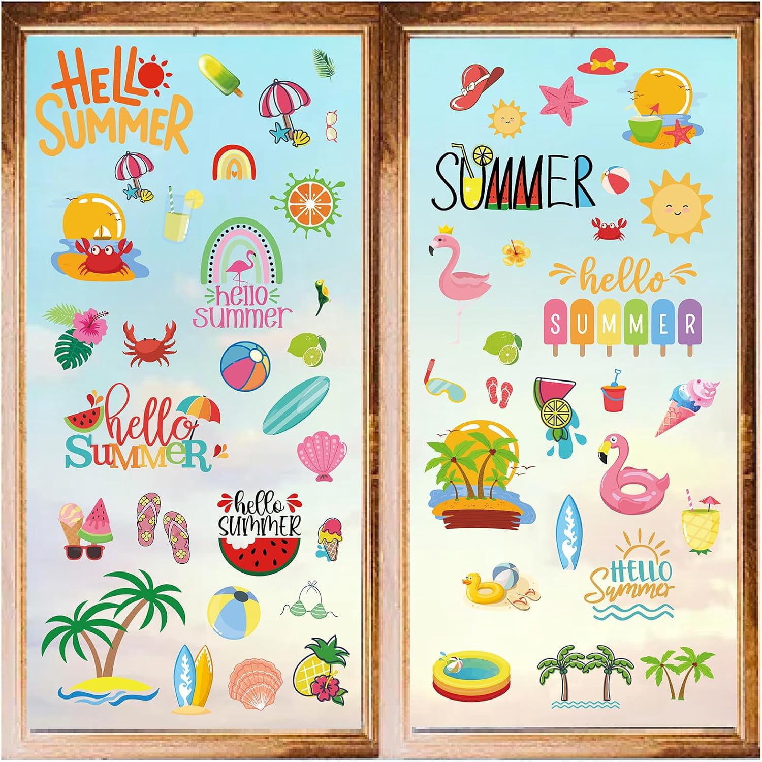 8 Styles Summer Theme Window Stickers Wall Clings Peel and Stick PVC ...