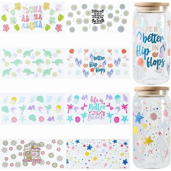 8 Styles Summer Transfer Summer Stickers UV DTF Cup Wraps Bulk Plastic Transparent Flower Ocean Animal Holiday Label Stickers DIY
