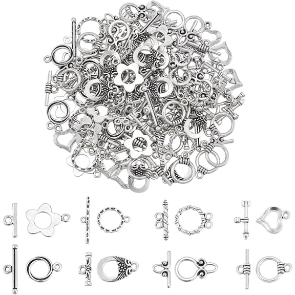 8 Styles Toggle Clasp 80Pcs Tibetan Style Toggle Connectors Jewelry Clasp Metal T-bar Closure Clasps for Necklace Bracelet Jewelry Making DIY Craft Silver
