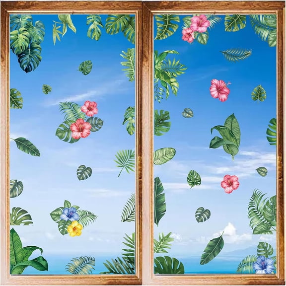 8 Styles Tropical Leaf Window Decals Stickers Palm Leaves Flowers Hawaii Wall Clings Peel and Stick Self Adhesive Decor for Bedroom Nursery Living Room Kitchen Store Dorm colorful