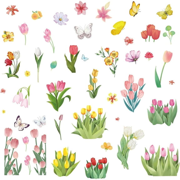 8 Styles Tulip Flowers Butterflies Wall Stickers Decals Floral PVC Window Waterproof Self Adhesive Vinyl Cling Peel and Stick for Dorm Bedroom Living Room Store Nursery Wall Decorations Party 1set