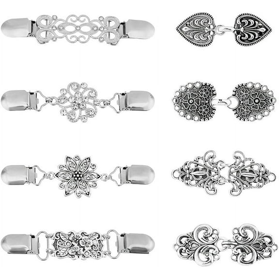 8 Styles Vintage Sweater Shawl Clips Alloy Cardigan Clip Flower Pattern with Rhinestone Shirt Clip Tibetan Style Cinch Clip Dress Tightener Clip