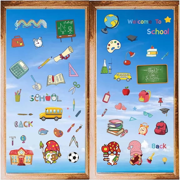8 Styles Wall Stickers Back-to-school Season Book Pen PVC Window Stickers Decals Waterproof Self Adhesive Cling Peel and Stick for Classroom Bedroom Living Room Store Stairway Home Decoration DIY