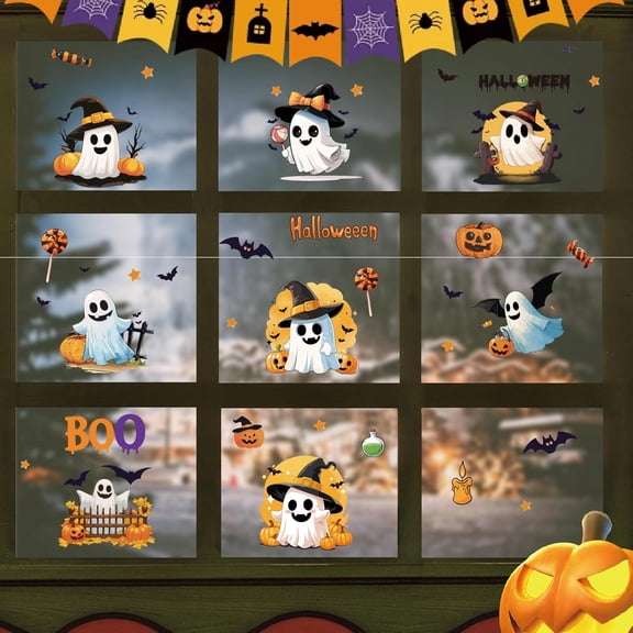 8 Styles Window Stickers Self Adhesive Glass Decals Lollipop Pumpkin Bats Boo Candy Star Wall Window Clings Decoration Peel and Stick DIY
