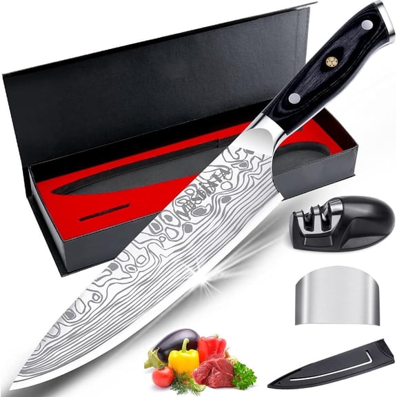8" Super Sharp Professional Chef's Knife with Finr Guard and Sharpener, rman High Carbon Stainless Steel EN1.4116 Micarta Handle Gift Box