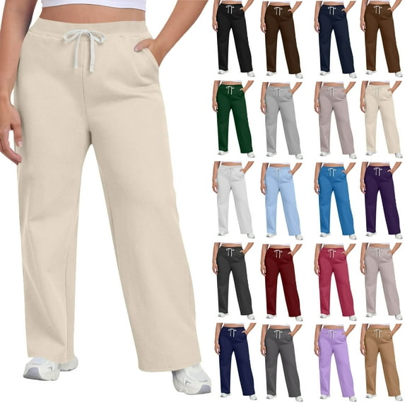 Under $8 Sweatpants For Women Plus Size Winter Solid Color Elastic Waist Warm Pants Athletic Jogger Drawstring Lace-Up Trousers with Pockets Beige M