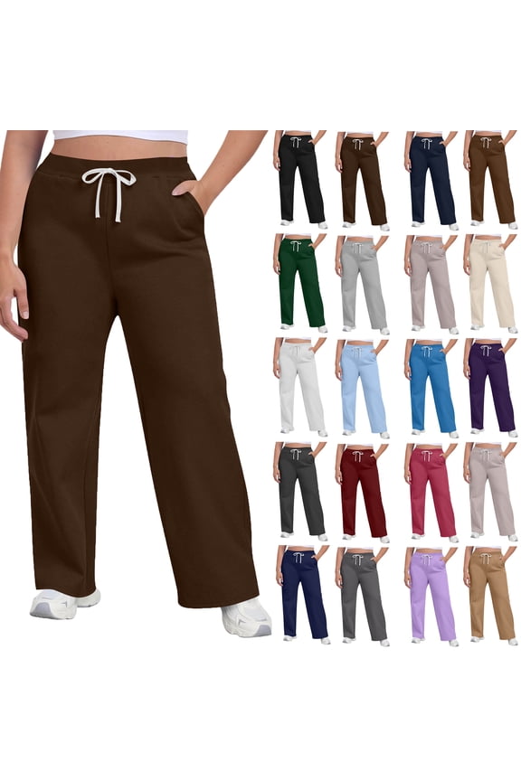 Under $8 Sweatpants For Women Plus Size Winter Solid Color Elastic Waist Warm Pants Athletic Jogger Drawstring Lace-Up Trousers with Pockets Coffee S