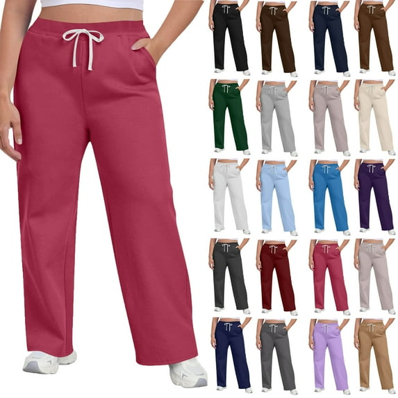 Under $8 Sweatpants For Women Plus Size Winter Solid Color Elastic Waist Warm Pants Athletic Jogger Drawstring Lace-Up Trousers with Pockets Hot Pink L