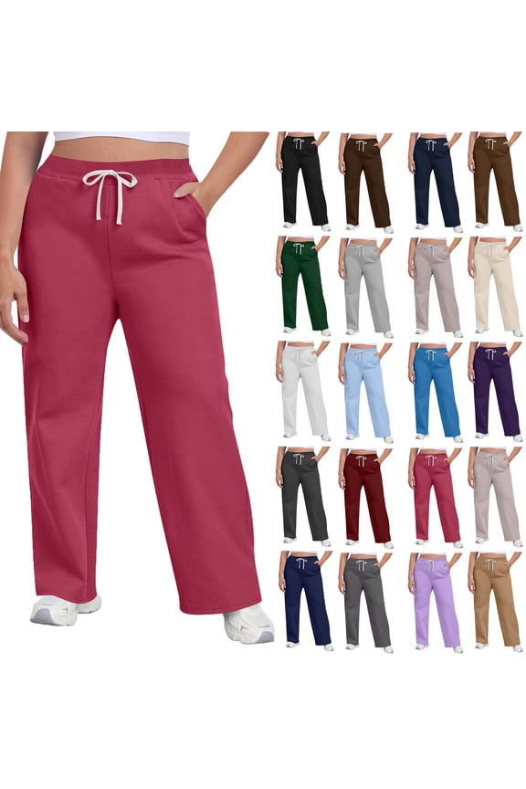 Under $8 Sweatpants For Women Plus Size Winter Solid Color Elastic Waist Warm Pants Athletic Jogger Drawstring Lace-Up Trousers with Pockets Hot Pink XXXXL