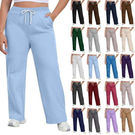 Under $8 Sweatpants For Women Plus Size Winter Solid Color Elastic Waist Warm Pants Athletic Jogger Drawstring Lace-Up Trousers with Pockets Light Blue M