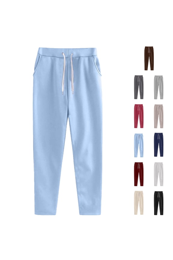 Sweatpants for Women Plus Size Winter Solid Color Elastic Waist Warm Pants Athletic Jogger Drawstring Lace-Up Trousers with Pockets
