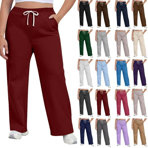Under $8 Sweatpants For Women Plus Size Winter Solid Color Elastic Waist Warm Pants Athletic Jogger Drawstring Lace-Up Trousers with Pockets Red L