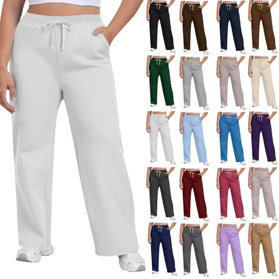 Under $8 Sweatpants For Women Plus Size Winter Solid Color Elastic Waist Warm Pants Athletic Jogger Drawstring Lace-Up Trousers with Pockets White S