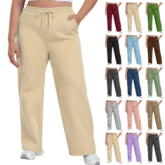 Sweatpants for Women Plus Size Winter Solid Color Elastic Waist Warm Pants Athletic Jogger Drawstring Lace-Up Trousers with Pockets