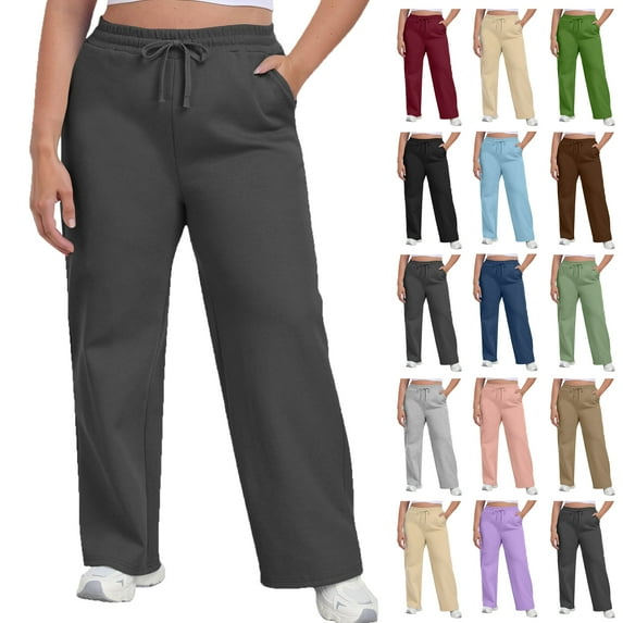Sweatpants for Women Plus Size Winter Solid Color Elastic Waist Warm Pants Athletic Jogger Drawstring Lace-Up Trousers with Pockets
