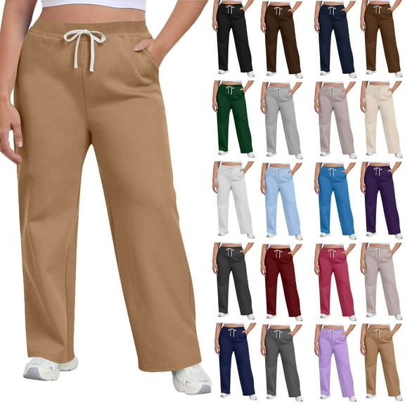 Under $8 Sweatpants For Women Plus Size Winter Solid Color Elastic Waist Warm Pants Athletic Jogger Drawstring Lace-Up Trousers with Pockets on Clearance