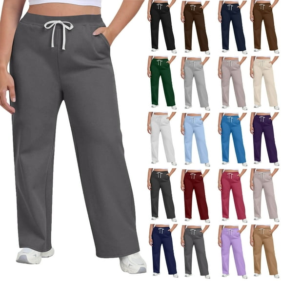 Under $8 Sweatpants For Women Plus Size Winter Solid Color Elastic Waist Warm Pants Athletic Jogger Drawstring Lace-Up Trousers with Pockets on Clearance