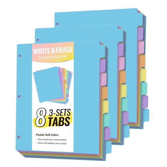 8-Tab Dividers with Pocket for 3-Ring Binders Plastic One Pocket Dividers with Tabs, Slash File Jackets 3 Hole Punched for 8.5x11 Paper, Poly Pocket Notebook Dividers (3 Sets, 24 Count)