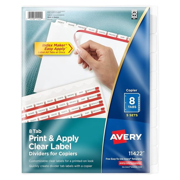 8 Tab Dividers for 3 Ring Binder, Easy Print & Apply Clear Label Strip for Copiers, Index Maker Customizable White Tabs, 5 Sets (11422)