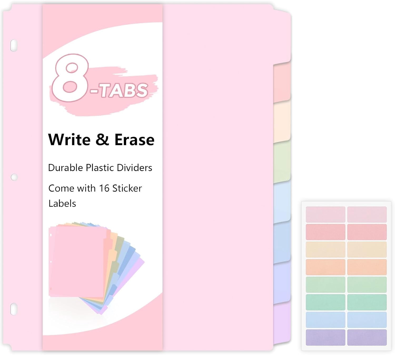 Sticker Deviders 8 Tab Plastic Dividers, Big Dividers for 3 Ring Binder, Write & Erase ...