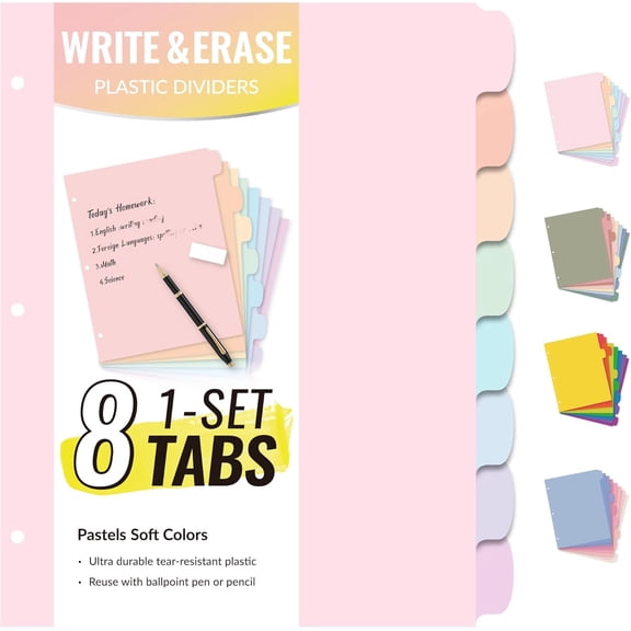 8 Tabs Long-Lasting Plastic Write & Erase Large Dividers for 3 Ring Binder, Aesthetic Cute Pastels Binder Student, Teacher, Office, Home Organizers, 1 Set, Color