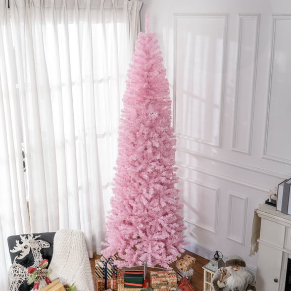 8' Tall Pink Slim Douglas Fir Artificial Christmas Tree – HOMCOM, 1168 Realistic Branch Tips (Unlit)