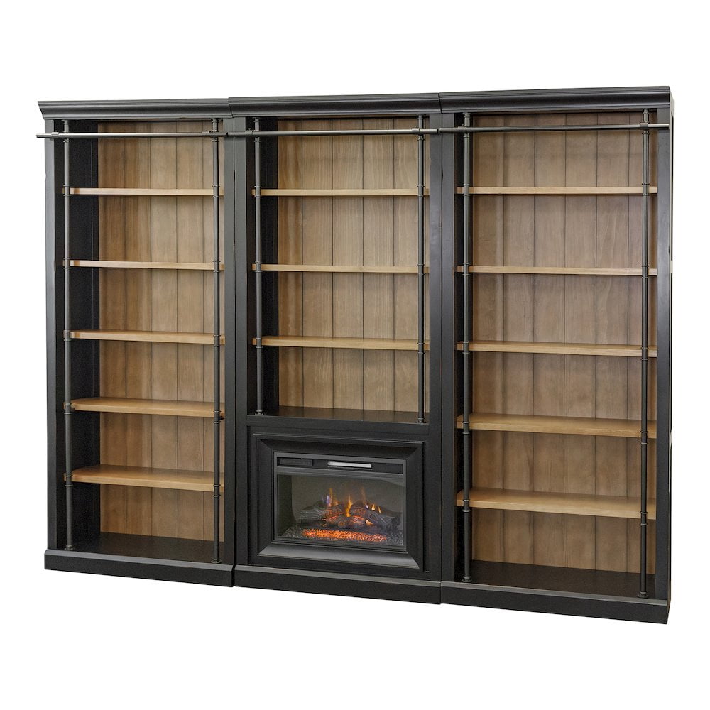 8' Tall Wood Bookcase Wall with Fireplace Organizer Fully Assembled Black
