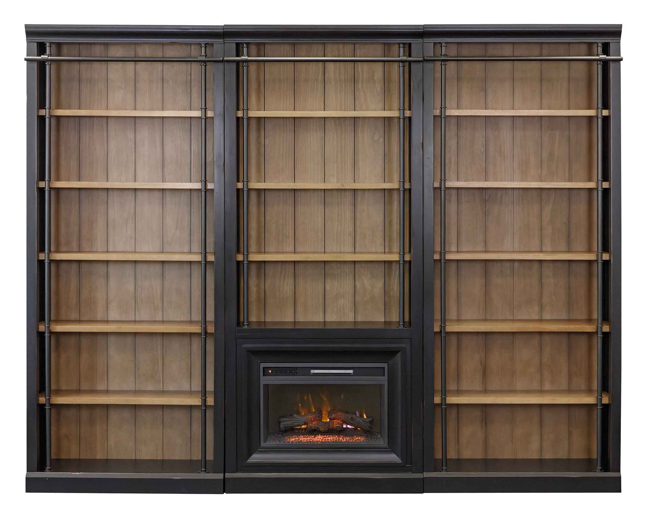 8' Tall Black Wood Bookcase Wall with Fireplace and Ladder