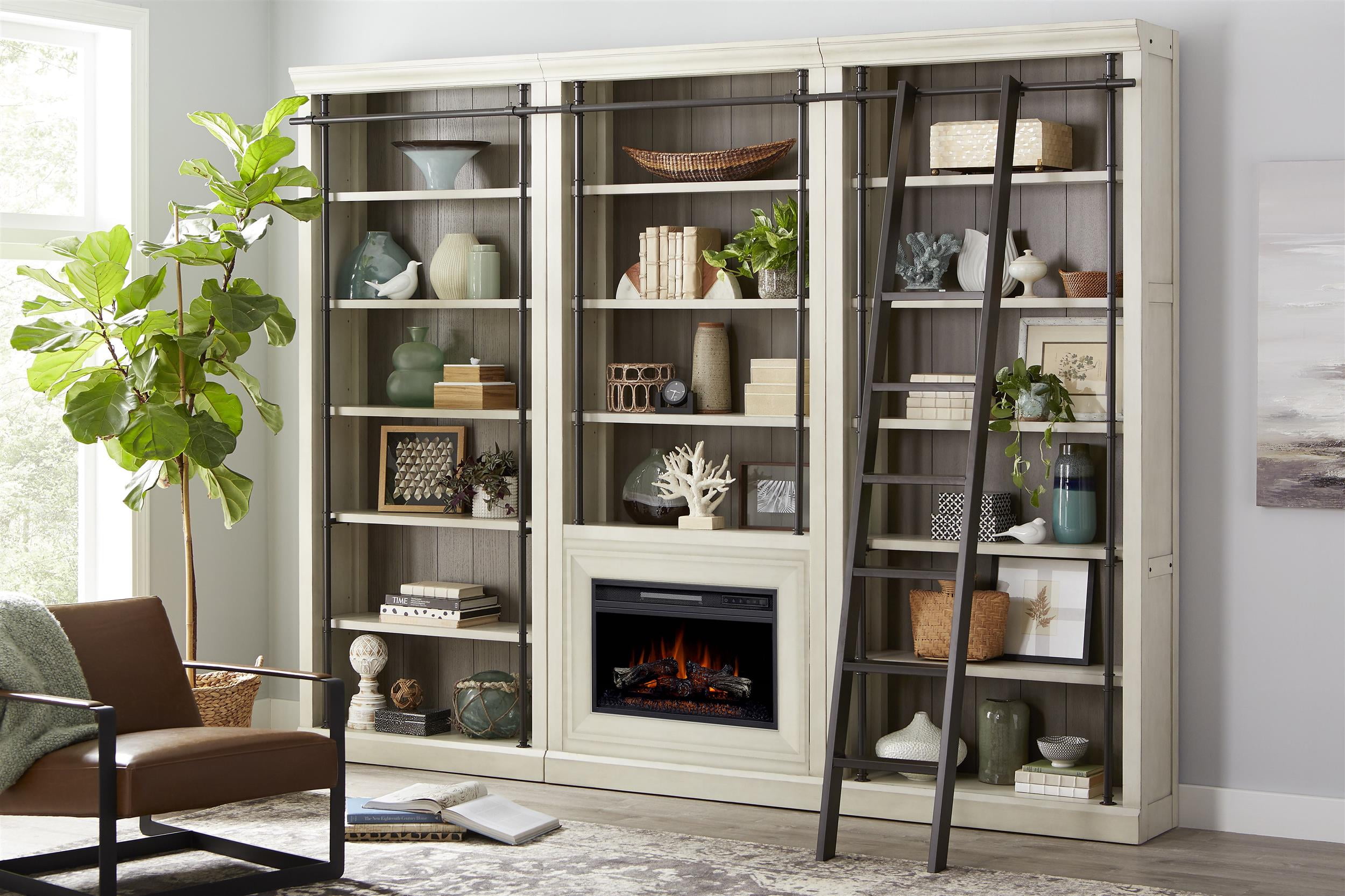 8' Tall Black Wood Bookcase Wall with Fireplace and Ladder