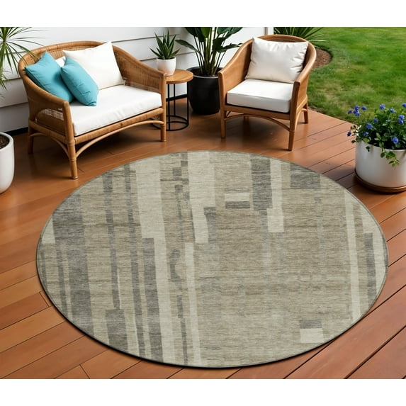 8' Taupe And Dark Gray Round Striped Washable Indoor Outdoor Area Rug