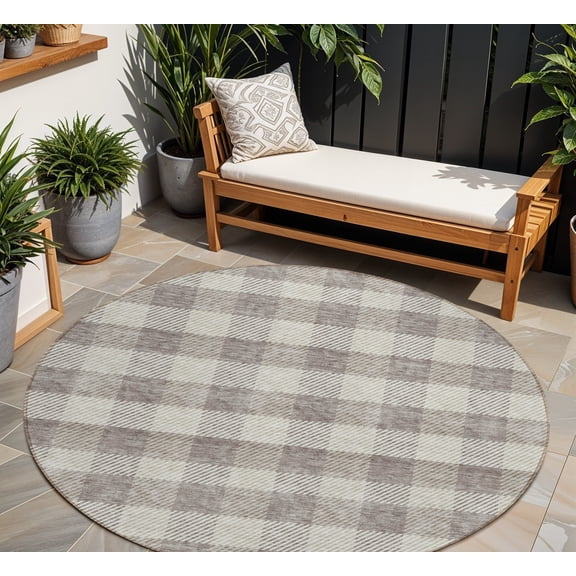 HomeRoots 595519 8 ft. Taupe & Gray Round Plaid Washable Indoor & Outdoor Area Rug