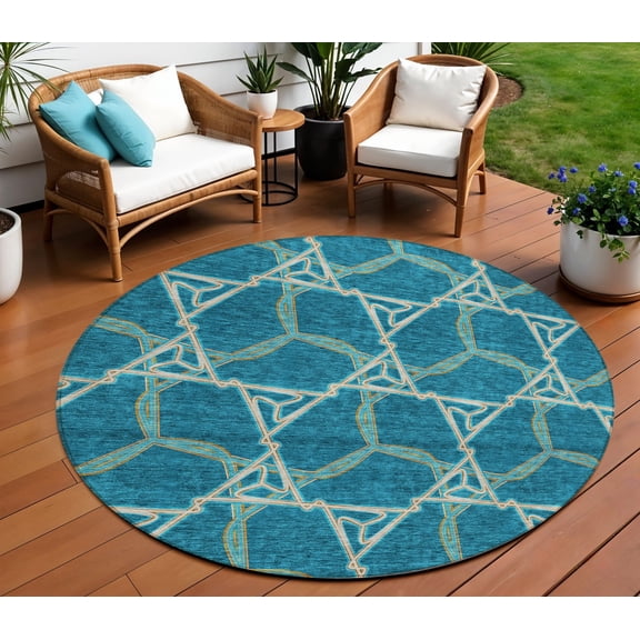 HomeRoots 613526 8 ft. Teal Blue & Beige Round Geometric Washable Indoor & Outdoor Area Rug