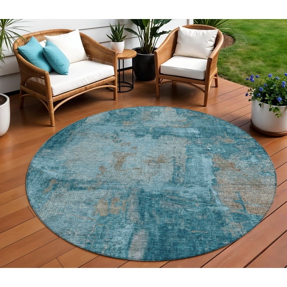 HomeRoots 596892 8 ft. Teal Blue & Gray Round Abstract Washable Indoor & Outdoor Area Rug