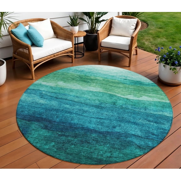 HomeRoots 618162 8 ft. Teal Blue & Green Round Abstract Washable Indoor & Outdoor Area Rug