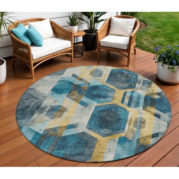HomeRoots 618759 8 ft. Teal Blue, Gold & Silver Round Geometric Washable Indoor & Outdoor Area Rug