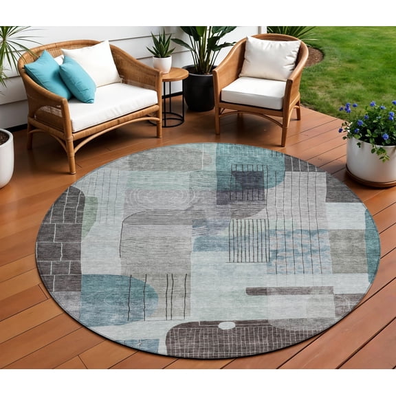 HomeRoots 604386 8 ft. Teal Blue, Gray & Charcoal Round Abstract Washable Indoor & Outdoor Area Rug